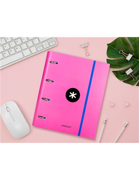 Classeur antartik 4 anneaux ronds 40mm a4 carton remborde feuillets mobiles quadrillage 5mm coloris rose.