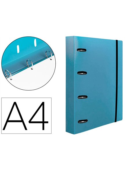 Classeur liderpapel 4 anneaux en d 25mm a4 polypropylene feuillets mobiles 100f 5x5mm coloris bleu ciel.