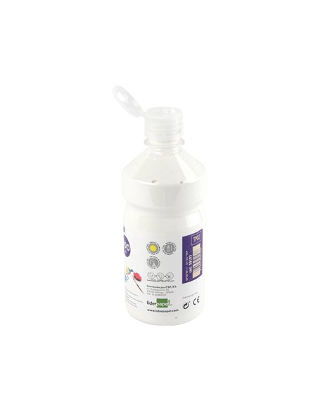 Gouache scolaire liderpapel liquide lavable fermeture sécurité brillante coloris blanc flacon 500ml.
