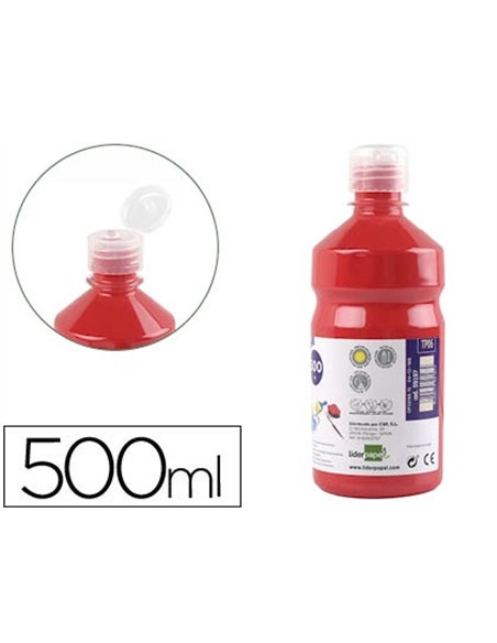 Gouache scolaire liderpapel liquide lavable fermeture sécurité brillante coloris rouge flacon 500ml.