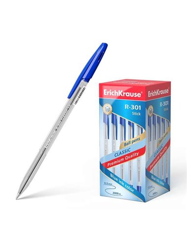 Stylo à bille Erichkrause R-301, pointe 1,0 mm, trait 0,5 mm, encre à séchage rapide, corps transparent, capuchon ventilé, bleu