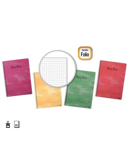 Lot de 10 cahiers à spirales dorés, 80 feuilles, 60 g/m², quadrillé, format folio, couverture plastifiée standard, couleurs asso