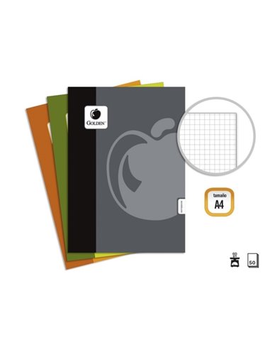 Pack de base doré de 10 cahiers agrafés A4, 50 feuilles, 60 g/m², quadrillé - Couleurs assorties