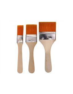 Set 3 brosses synthetiques extra larges manche en bois naturel poils dores largeur 25 50 et 75 mm.