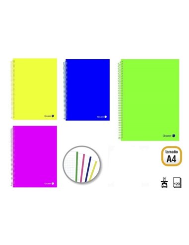 Pack Doré de 4 Cahiers A4 120 Feuilles 90gr Quadrillage 5x5 - Feuilles Microperforées avec Bande de Couleur et 4 Trous - Couvert