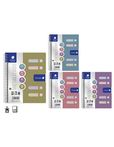 Pack Doré de 6 Cahiers A5 120 Feuilles 90gr Grille 5x5 - Couverture Polypropylène - 4 Intercalaires - Couleurs Métallisées Assor