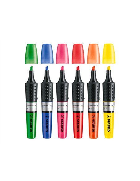 Surligneur stabilo luminator tracé 2/5mm encre liquide niveau visible base ergonomique coloris jaune.