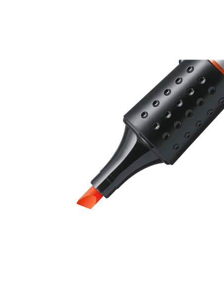 Surligneur stabilo luminator design futuriste forme fuselée corps transparent longue durée couleur orange.