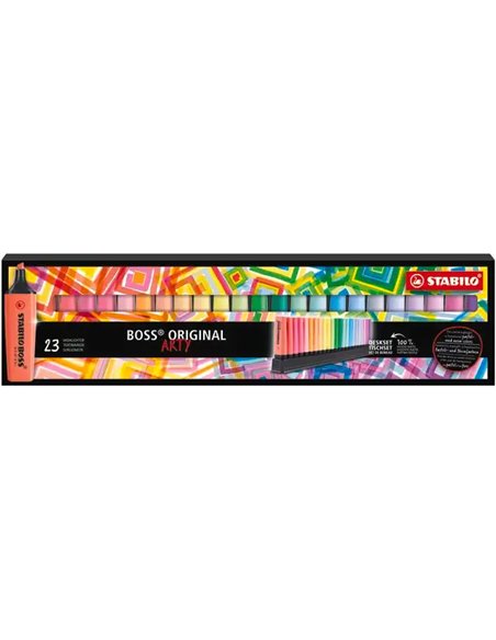 Surligneur stabilo boss original rechargeable pointe biseautee trace 2/5mm deskset 23 unites assorties.