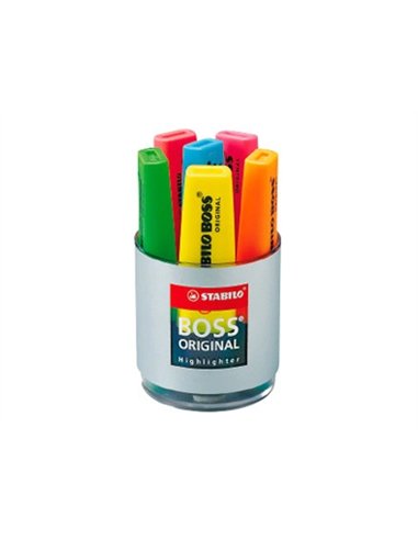 Surligneur stabilo boss tracé 2/5mm pointe biseautée encre universelle base eau résistante lumière pot 6 unités.