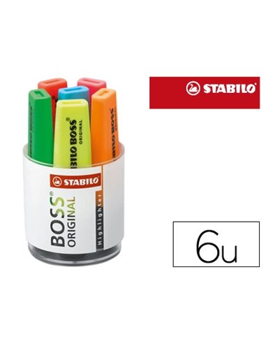 Surligneur stabilo boss tracé 2/5mm pointe biseautée encre universelle base eau résistante lumière pot 6 unités.