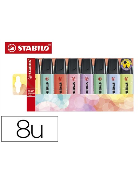 Surligneur stabilo boss original pastel encre base eau pointe biseautee largeur trace 2/5mm pochette 8 unites.