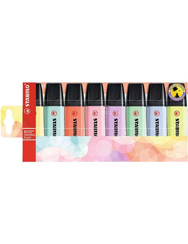 Surligneur stabilo boss original pastel encre base eau pointe biseautee largeur trace 2/5mm pochette 8 unites.