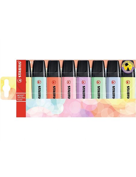 Surligneur stabilo boss original pastel encre base eau pointe biseautee largeur trace 2/5mm pochette 8 unites.