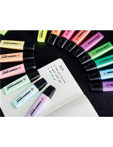 Surligneur stabilo boss original pastel encre base eau pointe biseautee largeur trace 2/5mm pochette 8 unites.