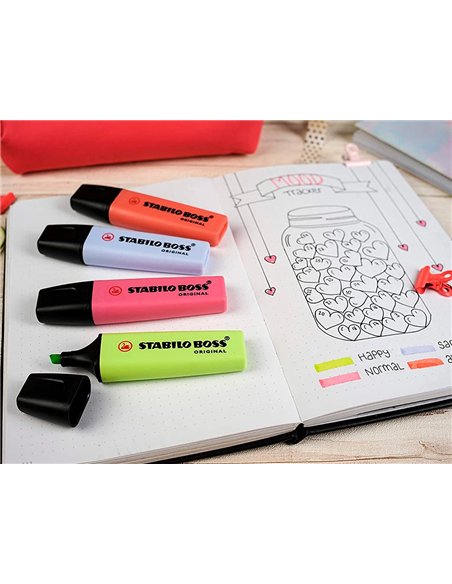 Surligneur stabilo boss original pastel encre base eau pointe biseautee largeur trace 2/5mm pochette 8 unites.