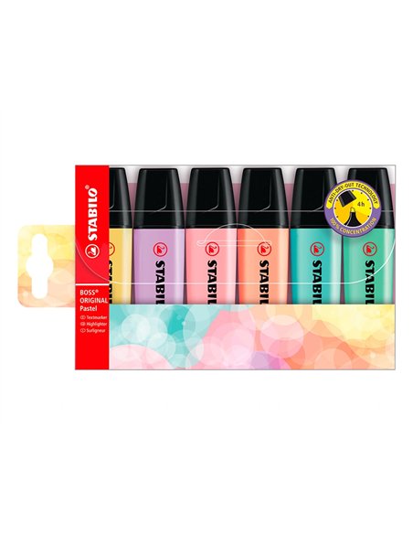 Surligneur stabilo boss pastel tracé 2/5mm pointe biseautée encre universelle base eau résistante lumière pochette 6u.