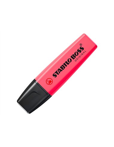 Surligneur stabilo boss tracé 2/5mm pointe biseautée encre universelle base eau résistante lumière coloris rose.