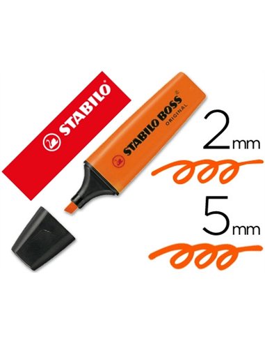 Surligneur stabilo boss tracé 2/5mm pointe biseautée encre universelle base eau résistante lumière coloris orange.