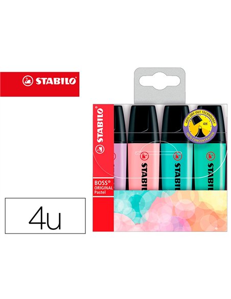 Surligneur stabilo boss pastel tracé 2/5mm pointe biseautée encre universelle base eau résistante lumière pochette 4u.