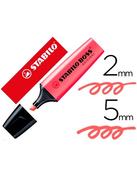 Surligneur stabilo boss tracé 2/5mm pointe biseautée encre universelle base eau résistante lumière coloris rouge.