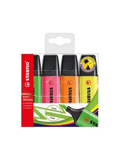 Surligneur stabilo boss tracé 2/5mm pointe biseautée encre universelle base eau résistante lumière pochette 4 unités.