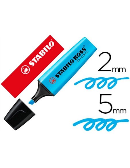Surligneur stabilo boss tracé 2/5mm pointe biseautée encre universelle base eau résistante lumière coloris bleu.