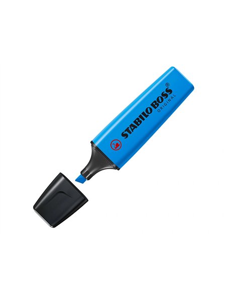 Surligneur stabilo boss tracé 2/5mm pointe biseautée encre universelle base eau résistante lumière coloris bleu.