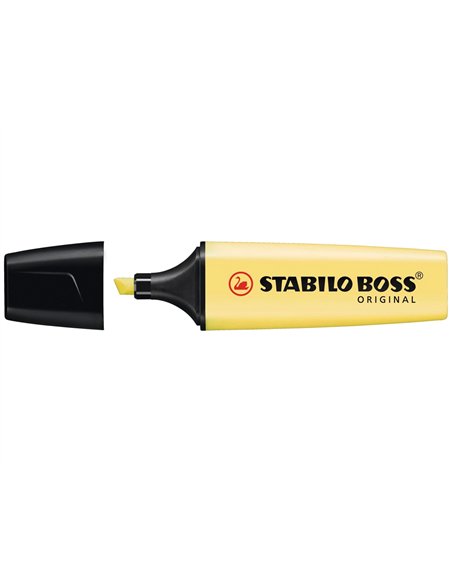 Surligneur stabilo boss pastel tracé 2/5mm pointe biseautée encre universelle base eau résistante lumière crème jaune.