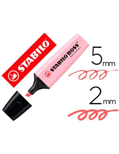 Surligneur stabilo boss pastel tracé 2/5mm pointe biseautée encre universelle base eau résistante lumière soupçon rose.