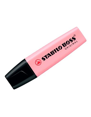 Surligneur stabilo boss pastel tracé 2/5mm pointe biseautée encre universelle base eau résistante lumière soupçon rose.