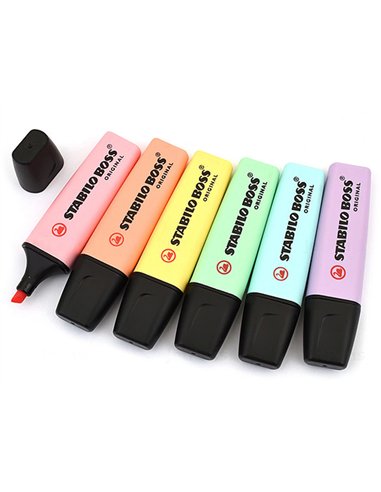 Surligneur stabilo boss pastel tracé 2/5mm pointe biseautée encre universelle base eau résistante lumière soupçon rose.