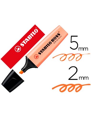 Surligneur stabilo boss pastel tracé 2/5mm pointe biseautée encre universelle base eau résistante lumière teinte pêche.