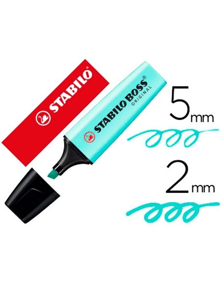 Surligneur stabilo boss pastel tracé 2/5mm pointe biseautée encre base eau résistante lumière touche turquoise.