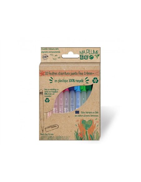 Etui feutres ecriture recycles ulmann pointe 0,4mm 10 unites coloris assortis.