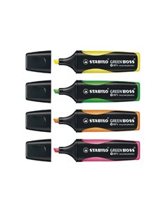 Surligneur stabilo green boss écologique pointe biseautée encre base eau résistante lumière pochette 4 unités.