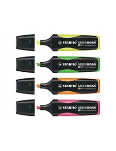 Surligneur stabilo green boss écologique pointe biseautée encre universelle base eau résistante lumière couleur jaune.