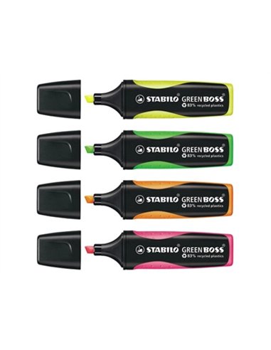 Surligneur stabilo green boss écologique pointe biseautée encre universelle base eau résistante lumière couleur jaune.