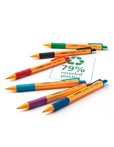 Stylo-bille stabilo pointball plastique recyclé 3500m d'écriture rechargeable rétractable grip antidérapant bleu.