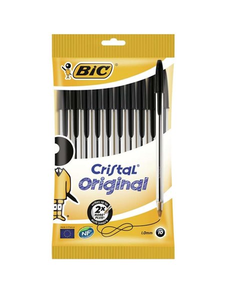 Lot de 10 stylos à bille Bic Cristal Original - Pointe ronde 1,0 mm - Trait 0,4 mm - Encre à base d'huile - Noir