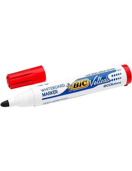 Marqueur bic velleda 1701 effaçable pointe ogive tracé 1.5mm encre base alcool inodore corps plastique rouge.