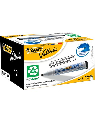 Marqueur bic velleda 1701 effaçable pointe ogive tracé 1-5mm encre base alcool inodore corps plastique noir.