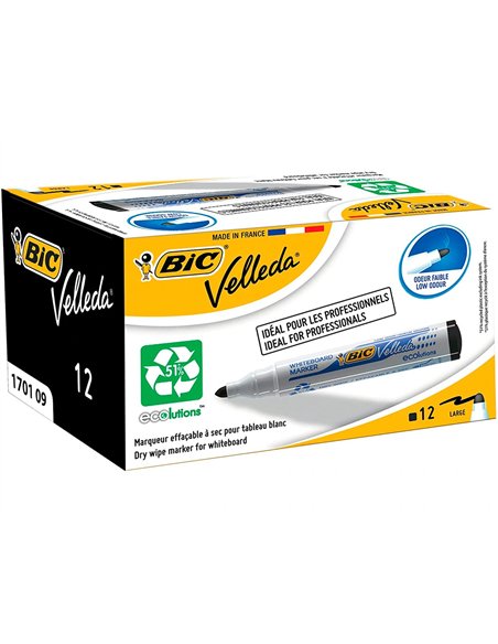 Marqueur bic velleda 1701 effaçable pointe ogive tracé 1-5mm encre base alcool inodore corps plastique noir.