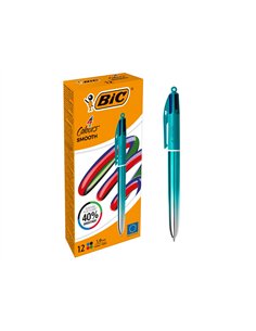 Stylo-bille bic 4 couleurs smooth pointe moyenne 1mm retractable rechargeable corps metallique irise.