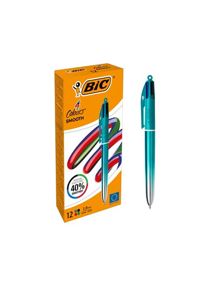 Stylo-bille bic 4 couleurs smooth pointe moyenne 1mm retractable rechargeable corps metallique irise.