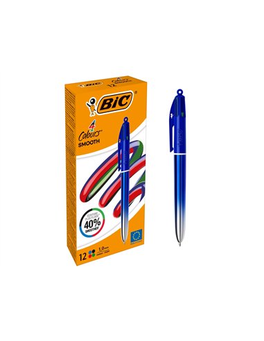 Stylo-bille bic 4 couleurs smooth pointe moyenne 1mm retractable rechargeable corps metallique irise bleu.