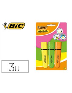 Surligneur bic tank marking highlighter sechage rapide pointe biseautee coloris assortis set 3 unites.