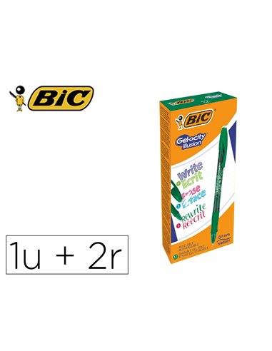 Roller bic gel-ocity illusion pointe moyenne 0,7mm grip caoutchouc encre effacable et rechargeable verte + 2 recharges.