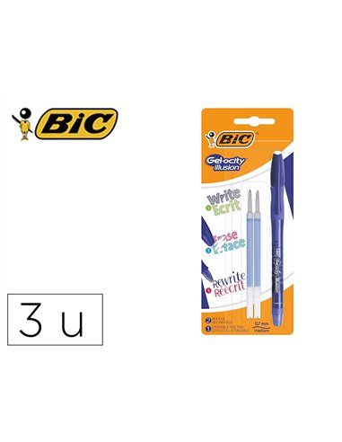 Roller bic gel-ocity illusion pointe moyenne 0,7mm grip caoutchouc encre effacable et rechargeable bleue set 3 unites.