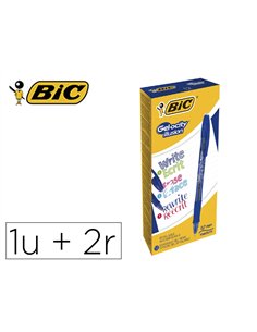 Roller bic gel-ocity illusion pointe moyenne 0,7mm grip caoutchouc encre effacable et rechargeable bleue + 2 recharges.